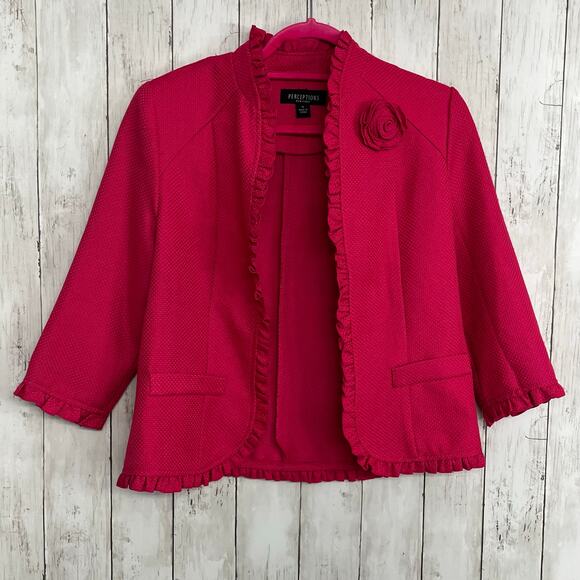 Perceptions Pink Open Front Ruffle Long Sleeve Floral Work Dressy Blazer Jacket - Picture 1 of 10